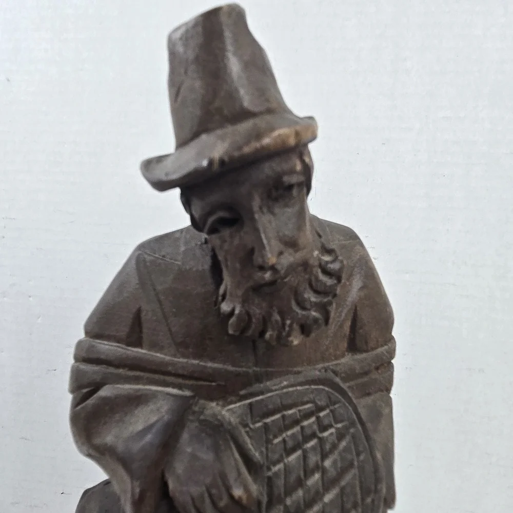Vtg Hand Carved Wood Figurine Traveling Man Bowl In Hand & Bag Venezuela 12